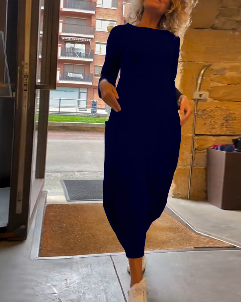 Tavina™ | Elegant Round Neck Pocket Dress