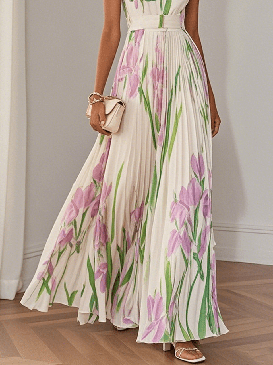 Aurelia™ | Pleated Floral Chiffon Maxi Dress