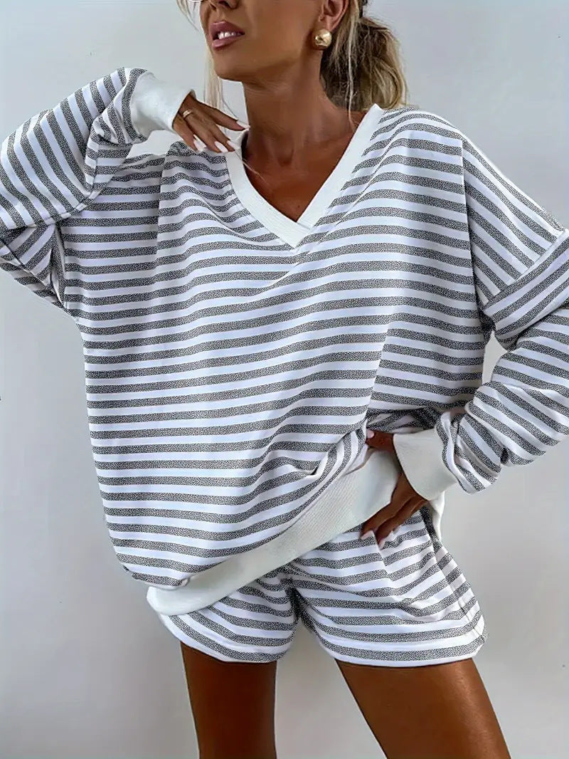 NOLANI™ – Relaxed Fit Striped V-Neck Lounge Set