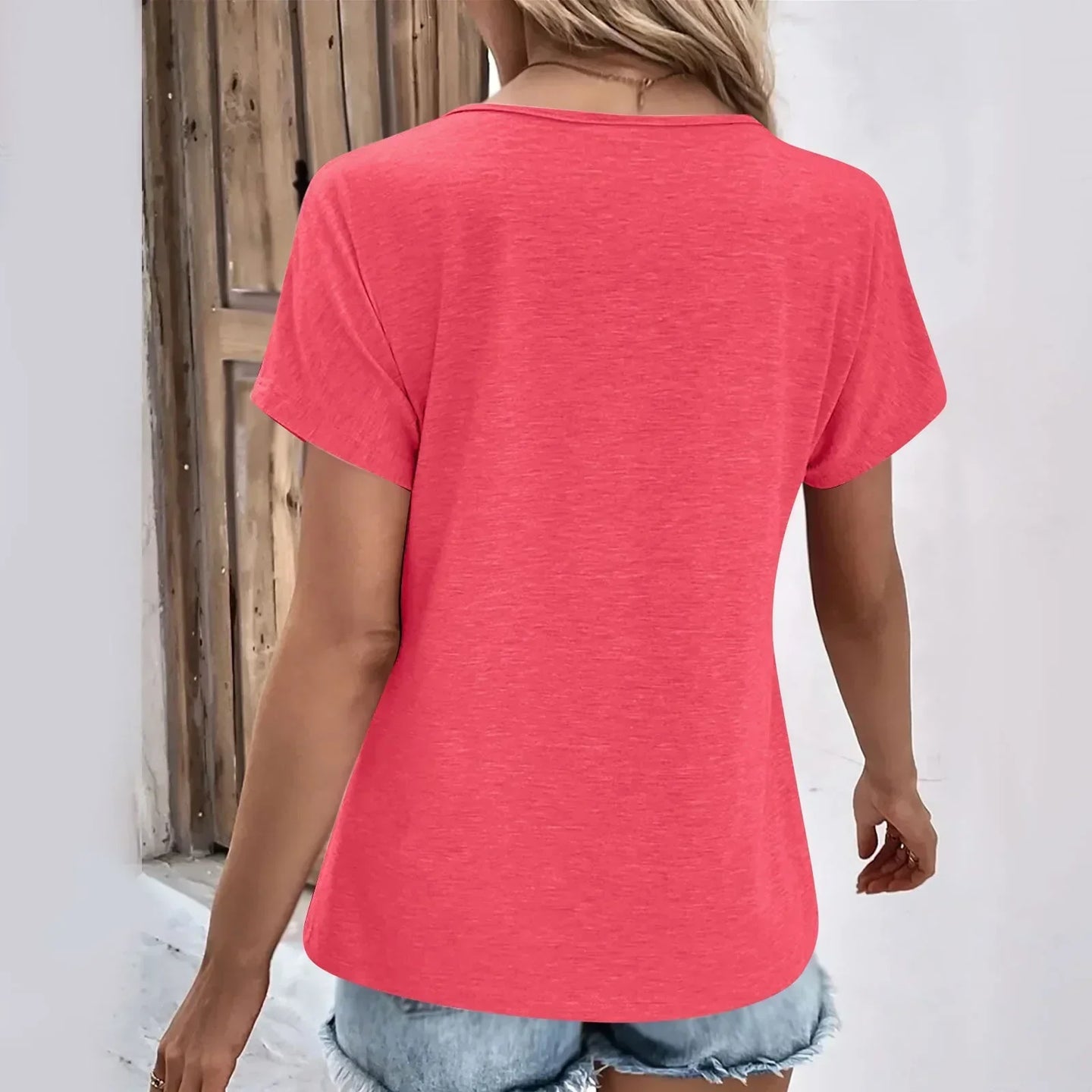 Maya- Ribbed Button V-Neck Tee