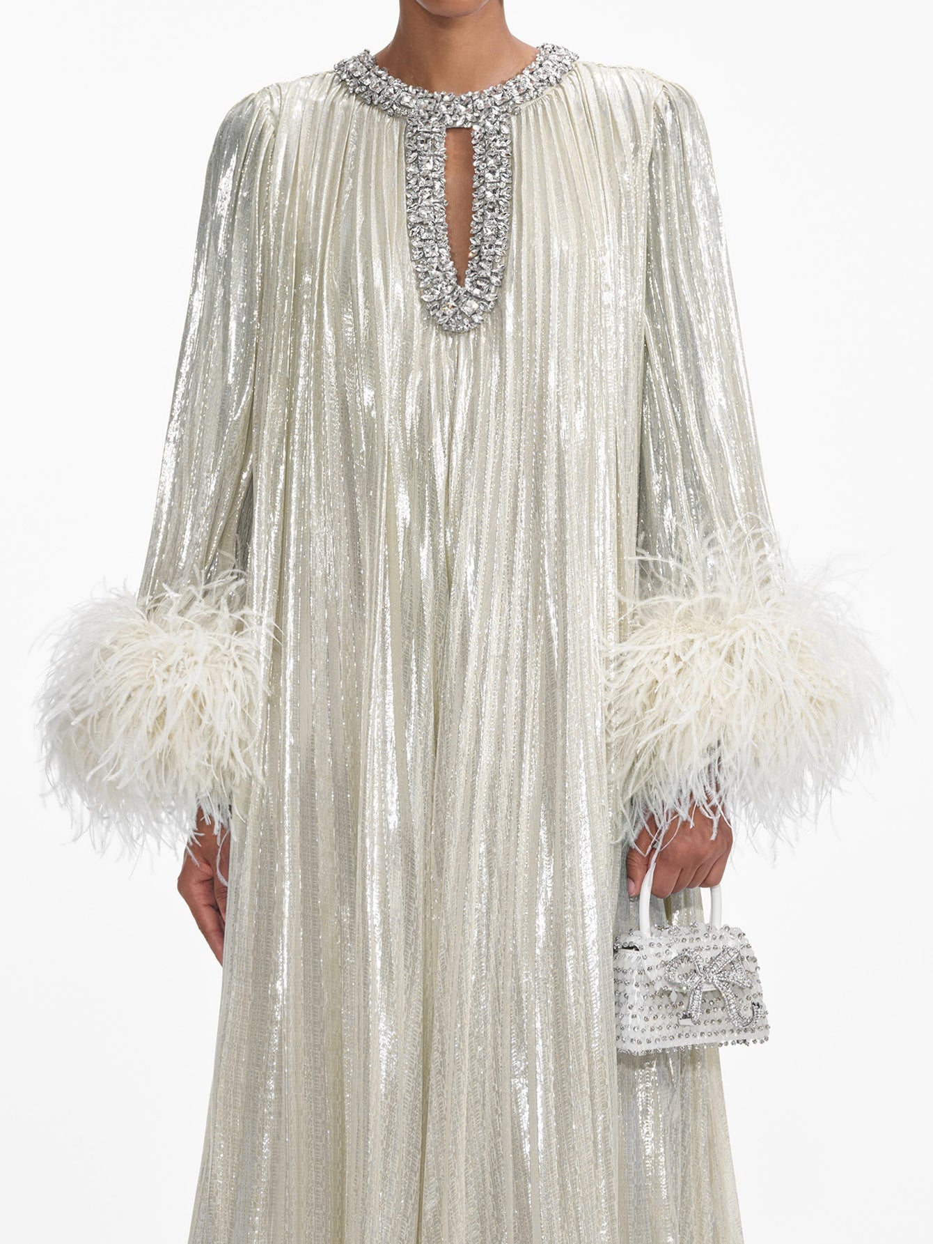 Premium Pearlescent Satin Feather Embellished Evening Gown (Fit for all Sizes)