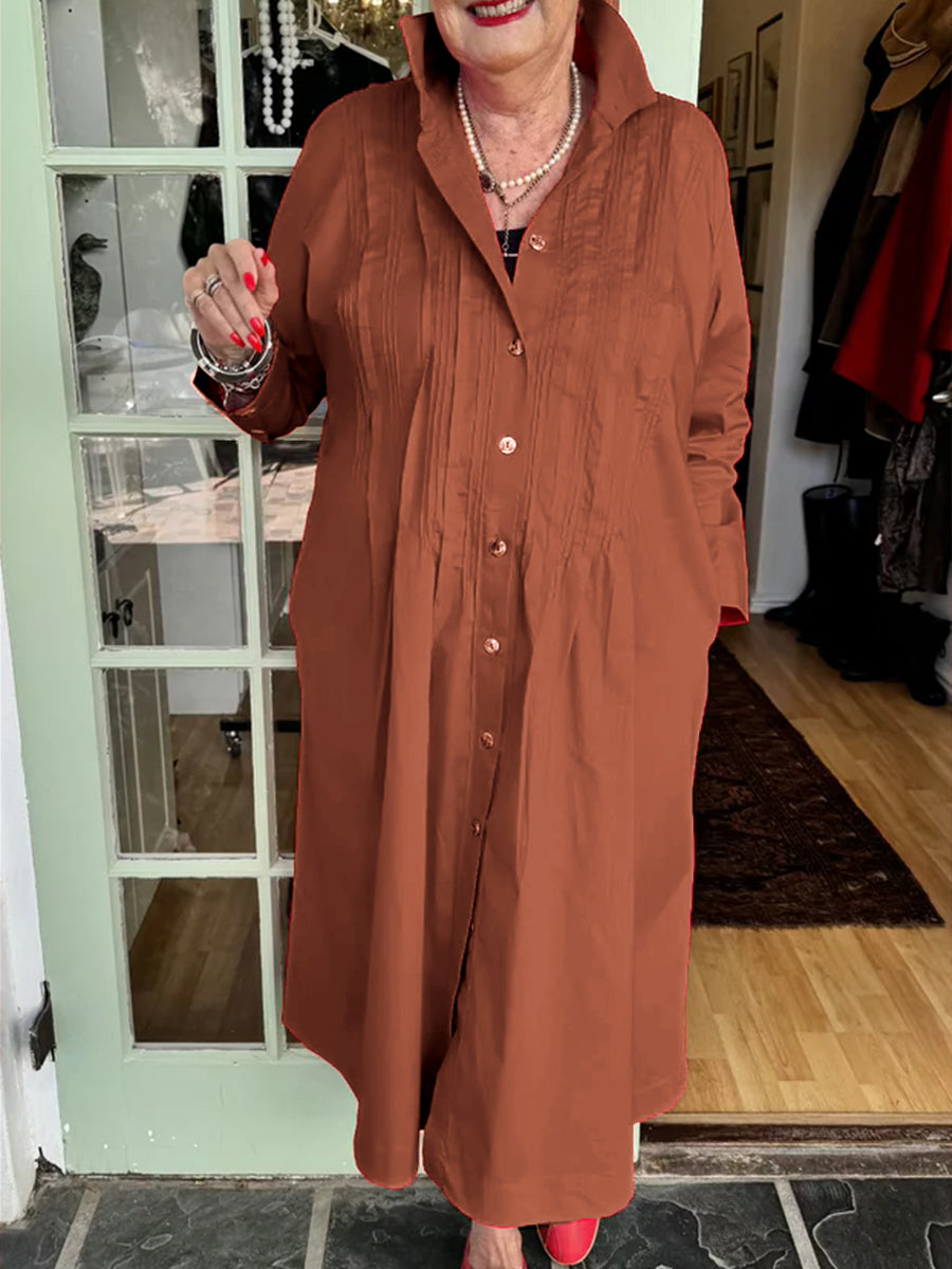 Accordion-pleated Shirt Collar Cotton and Linen Dress