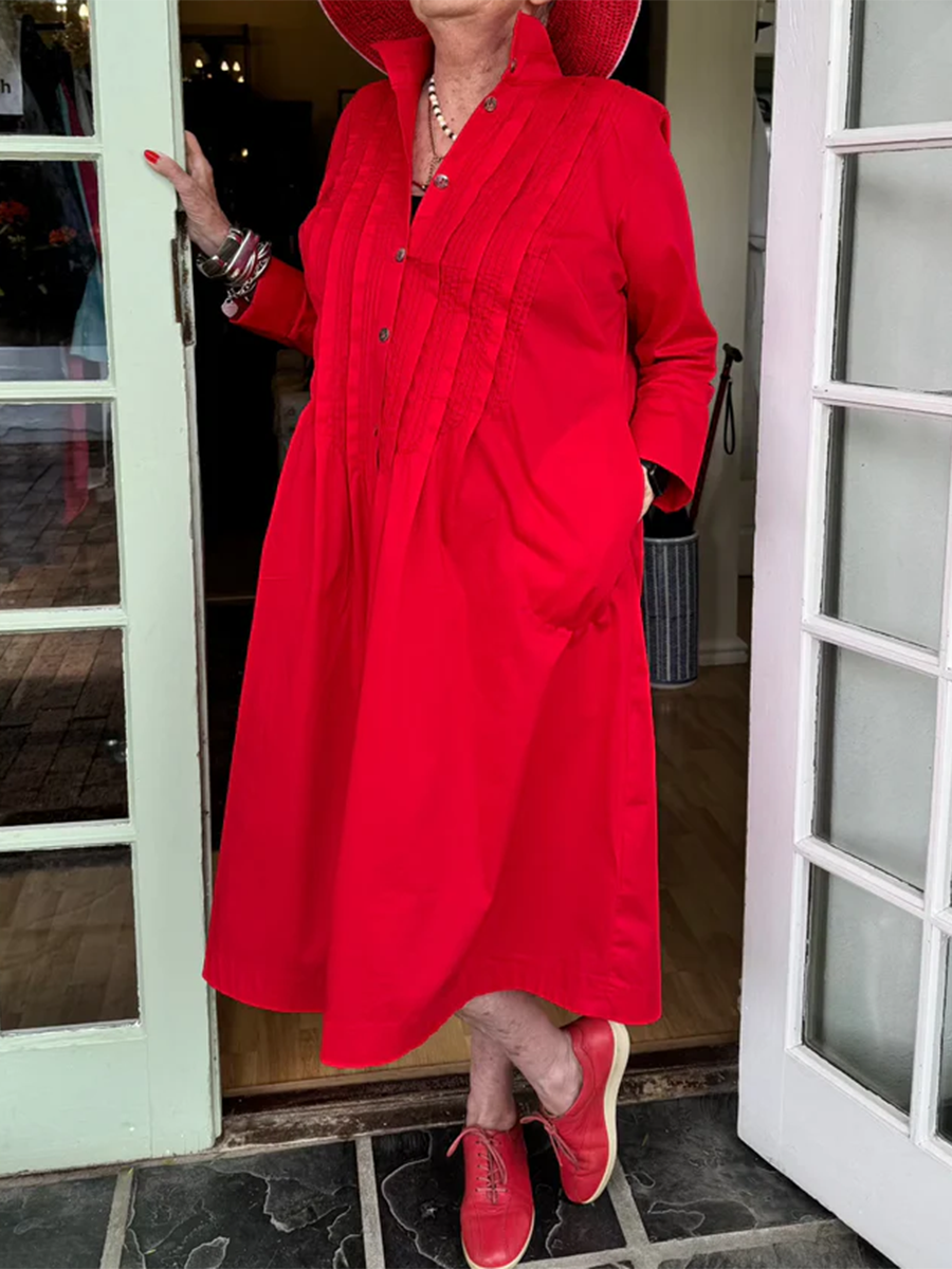Accordion-pleated Shirt Collar Cotton and Linen Dress