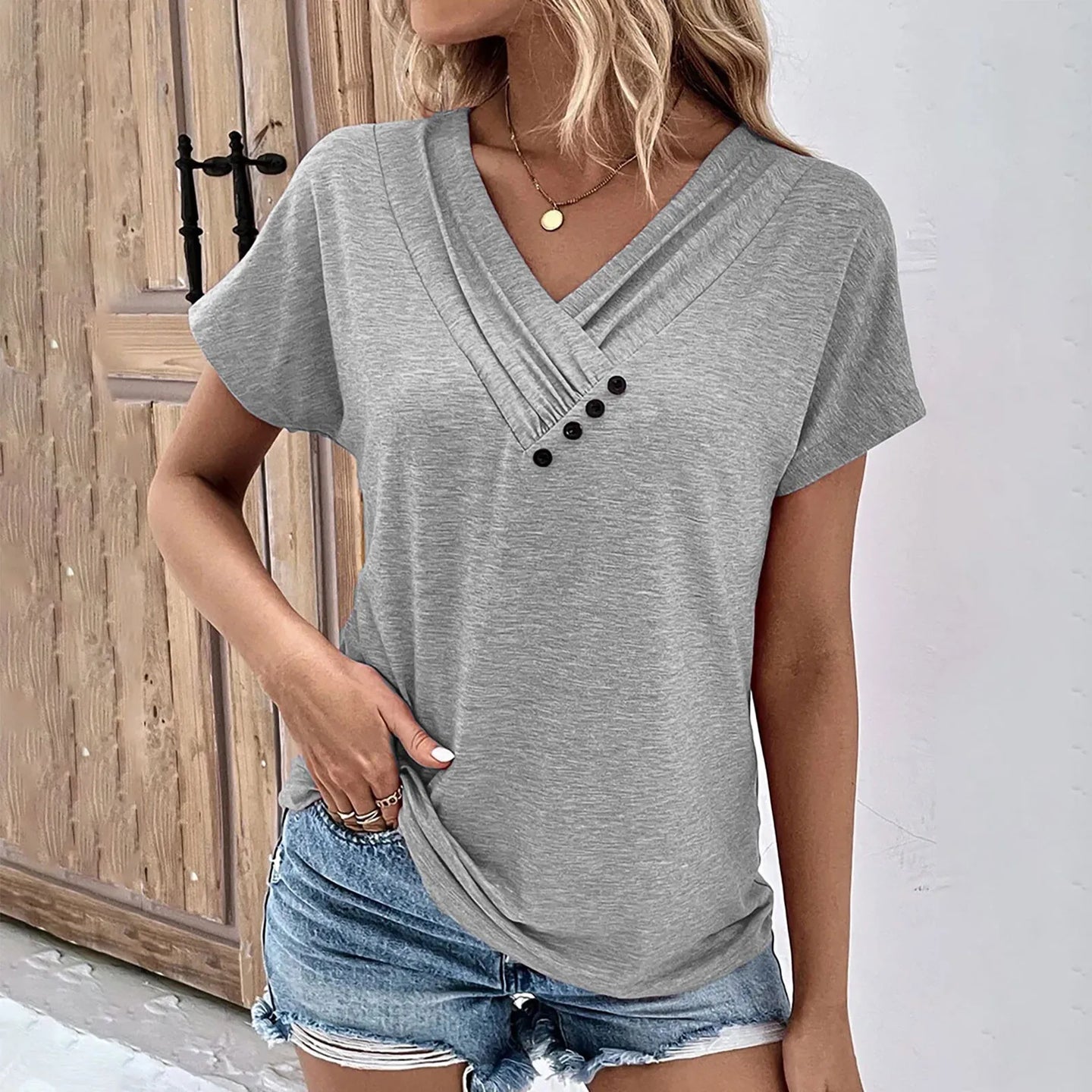 Maya- Ribbed Button V-Neck Tee