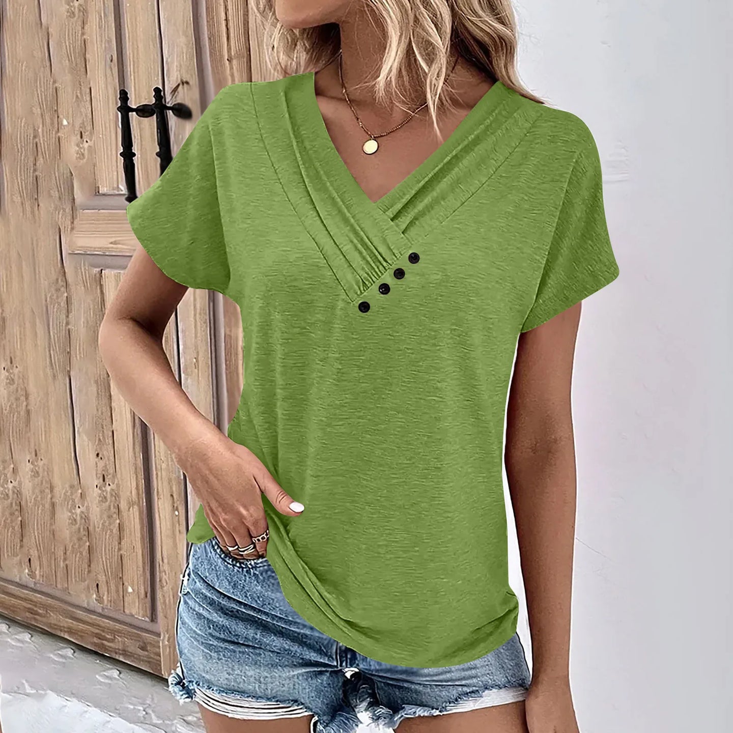 Maya- Ribbed Button V-Neck Tee