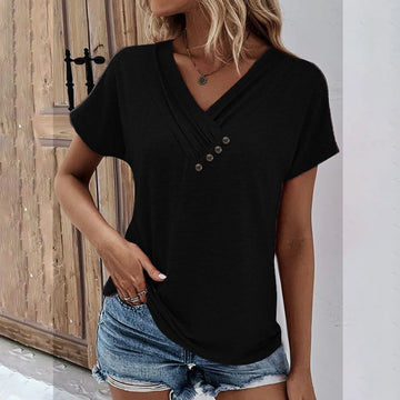 Maya- Ribbed Button V-Neck Tee