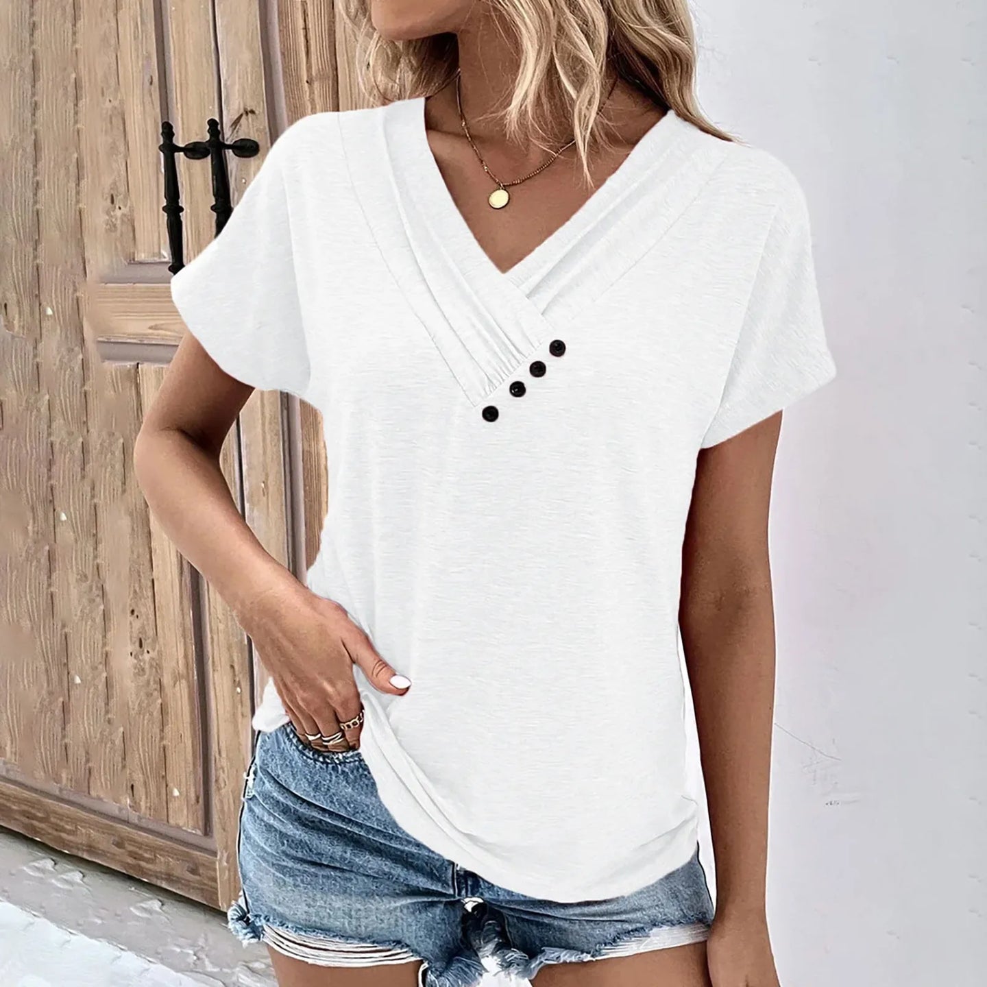 Maya- Ribbed Button V-Neck Tee