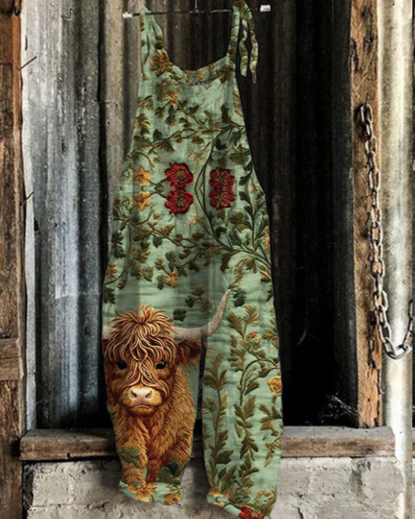 Capri - Floral Embroidered Highland Cow Jumpsuit