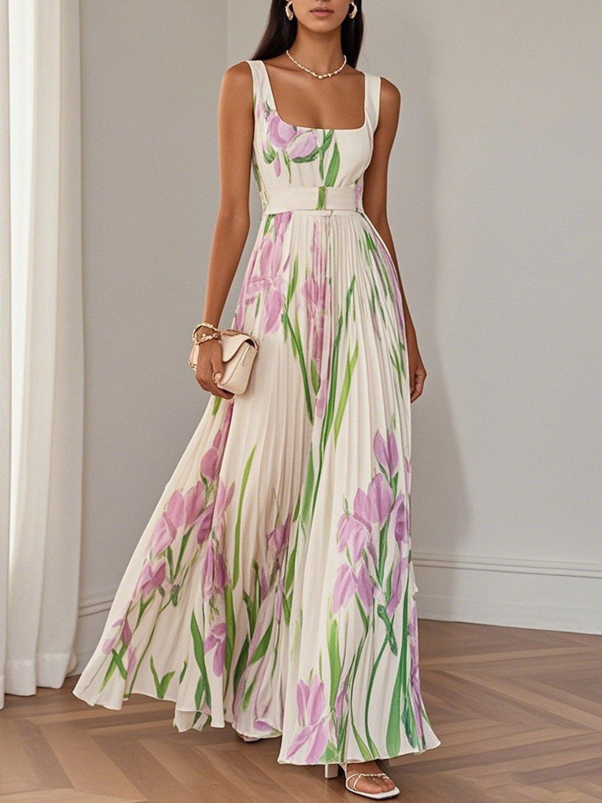Aurelia™ | Pleated Floral Chiffon Maxi Dress