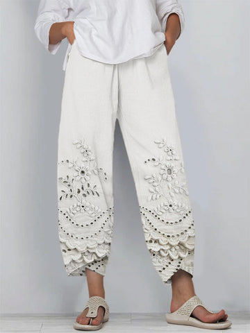 Verena - Solid Color Floral Lace Loose Pants